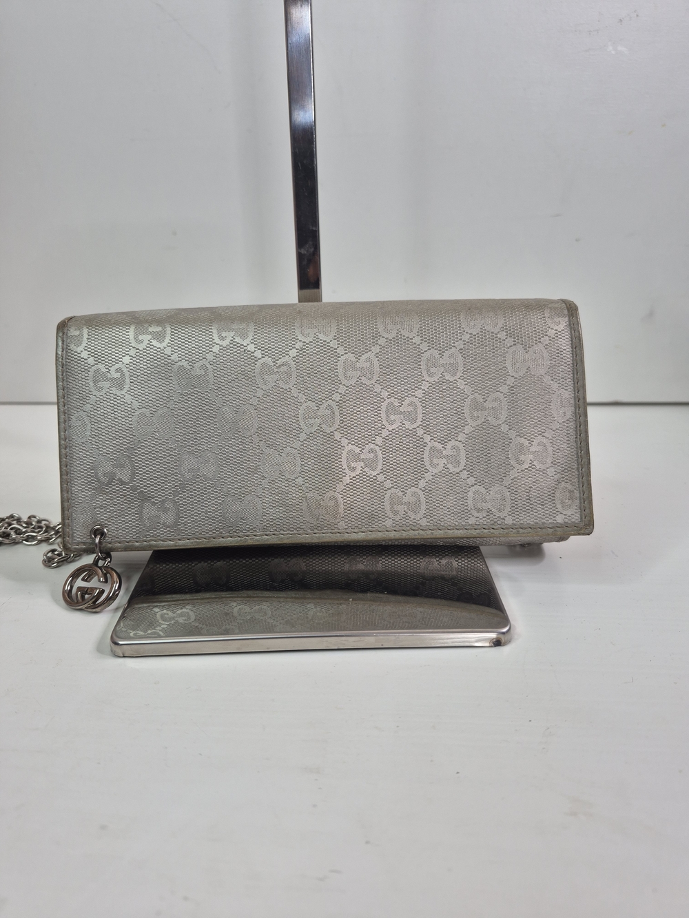 Gucci Silver Monogram Chain Wallet